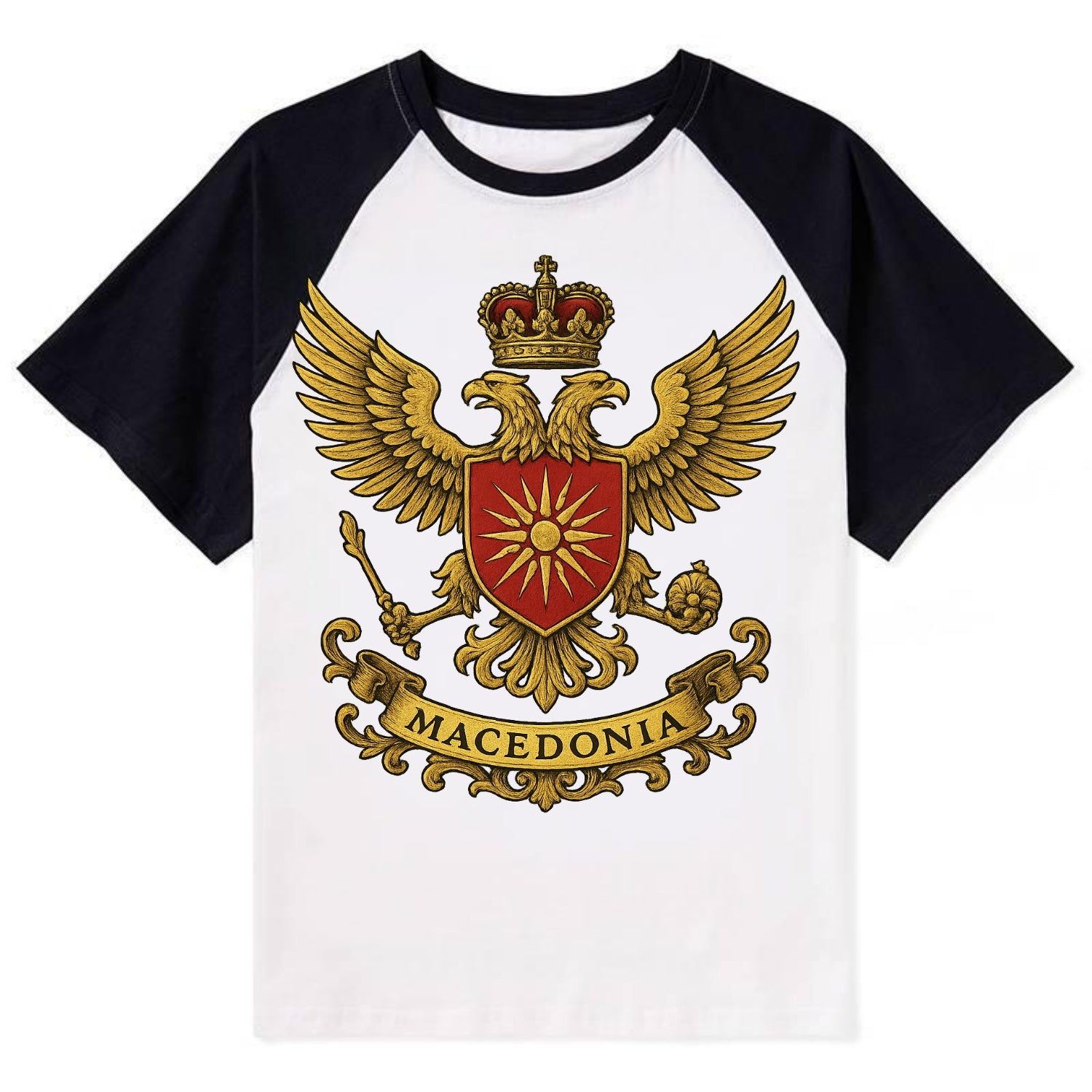 Macedonia Heritage Badge - Contrast Raglan T-shirt - Black