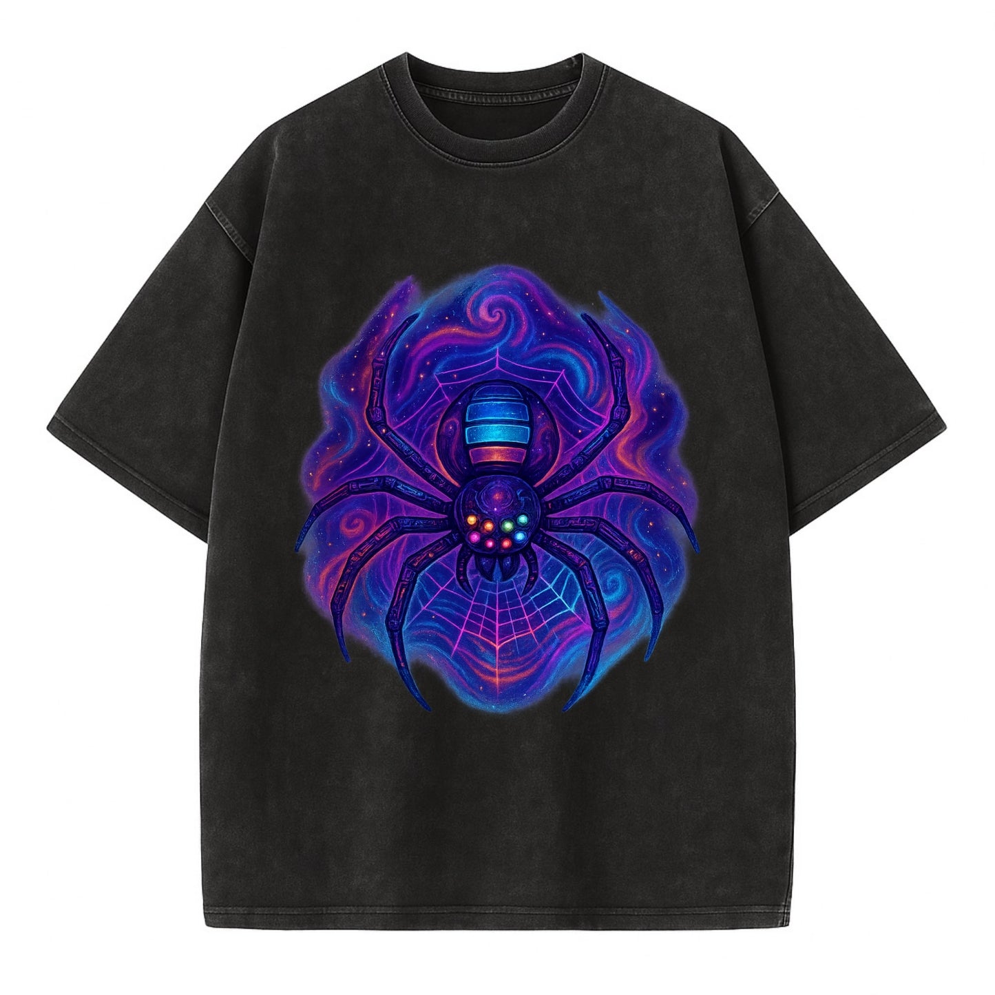 Tech spider with legs showing circuit board patterns, web glowing in neon grid - Vintage T-shirt - Black