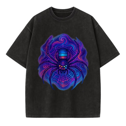 Tech spider with legs showing circuit board patterns, web glowing in neon grid - Vintage T-shirt - Black