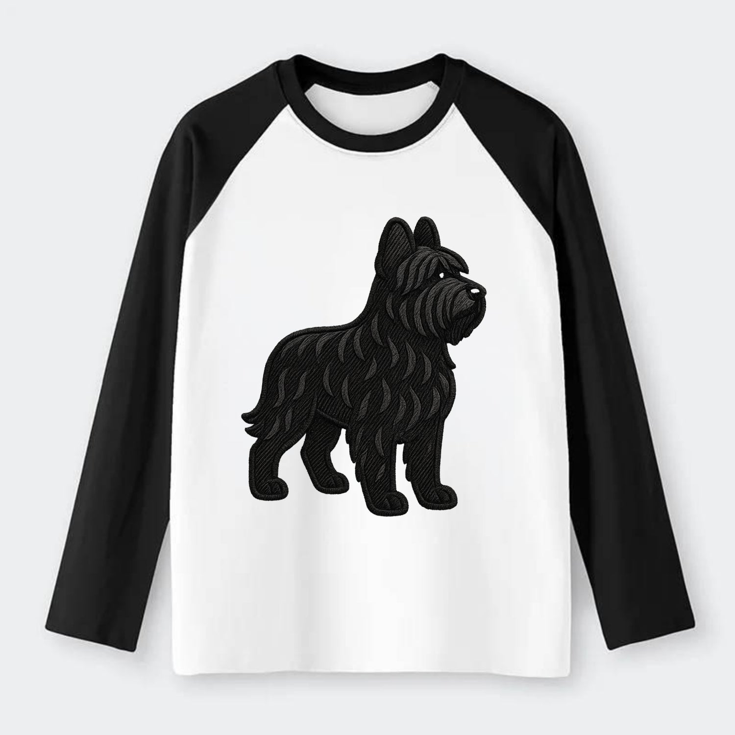 Briard - Black wavy coat embroidered herding pose - Raglan Long Sleeve T-Shirt - Black