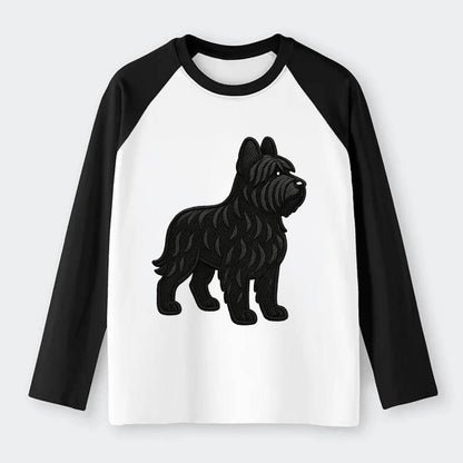 Briard - Black wavy coat embroidered herding pose - Raglan Long Sleeve T-Shirt - Black