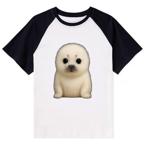 Baby Harp Seal - pure white fluffy fur, enormous dark eyes, front-facing, - Contrast Raglan T-shirt