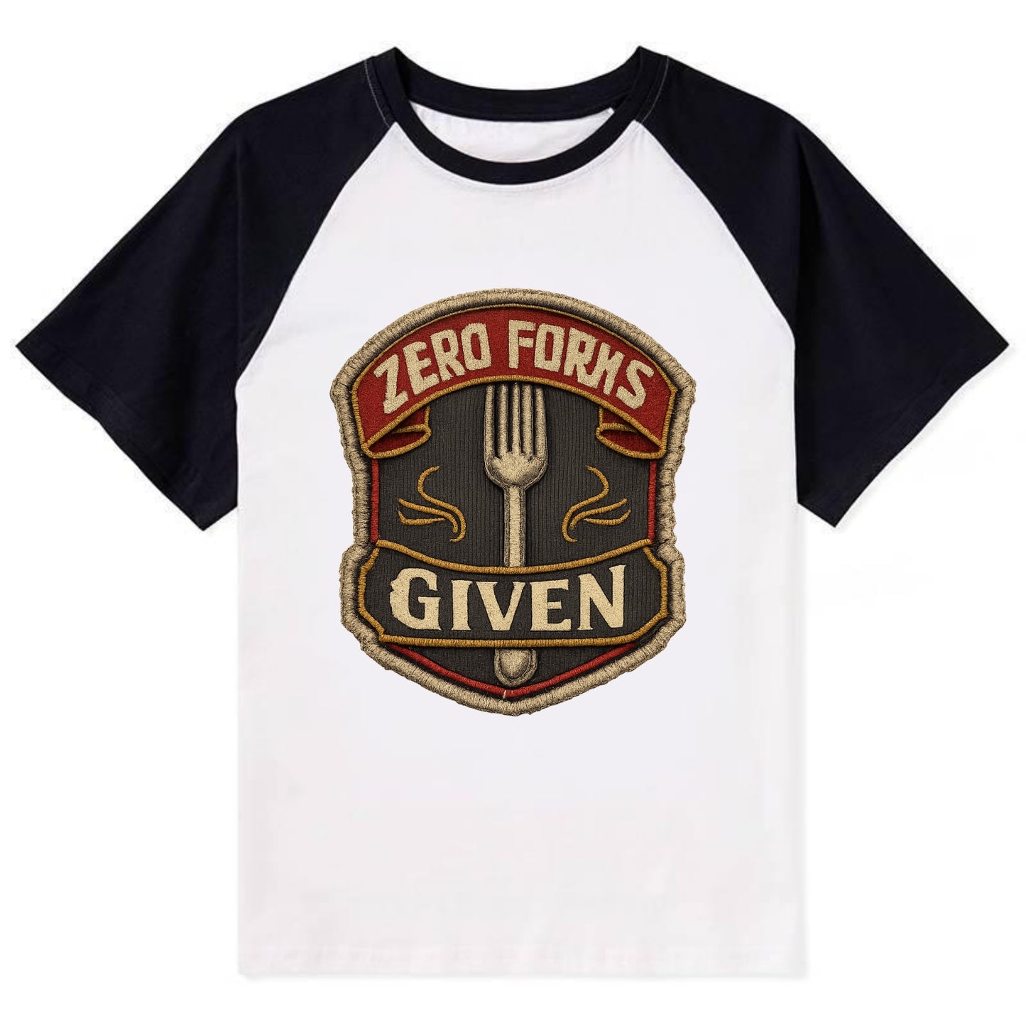 ZERO FORKS GIVEN - fork with text in silver , no cares attitude - Contrast Raglan T-shirt - Black