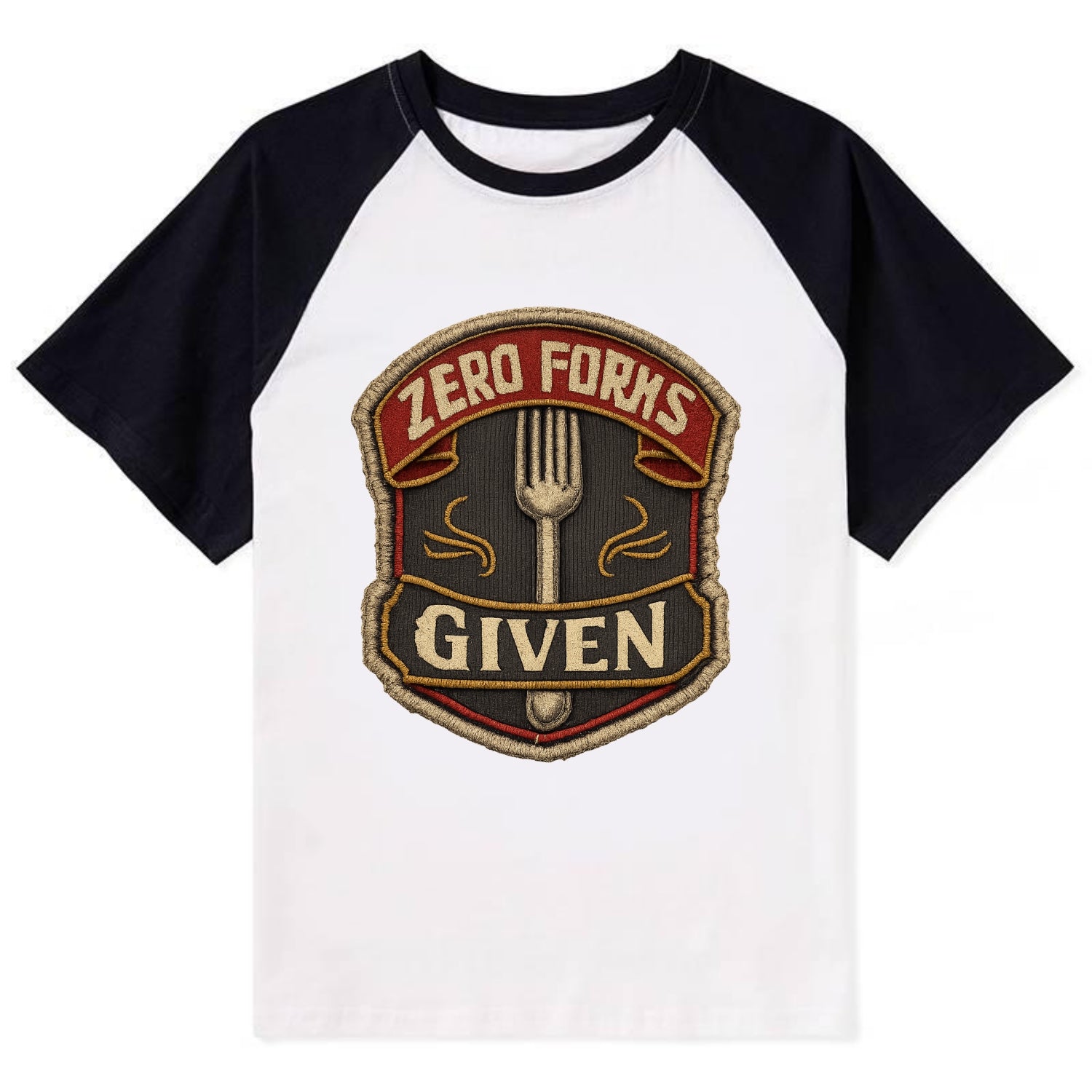ZERO FORKS GIVEN - fork with text in silver , no cares attitude - Contrast Raglan T-shirt - Black