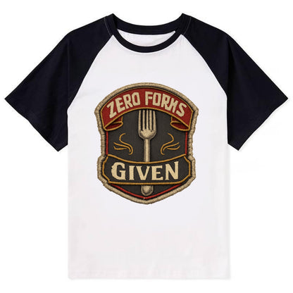 ZERO FORKS GIVEN - fork with text in silver , no cares attitude - Contrast Raglan T-shirt - Black