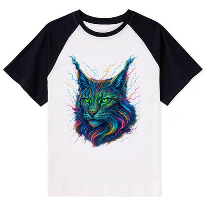 Wild lynx with ear tufts transforming into liquid mercury flows, silver - Contrast Raglan T-shirt - Black