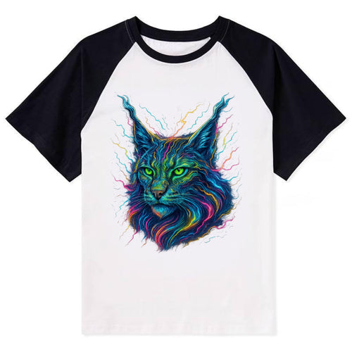 Wild lynx with ear tufts transforming into liquid mercury flows, silver - Contrast Raglan T-shirt