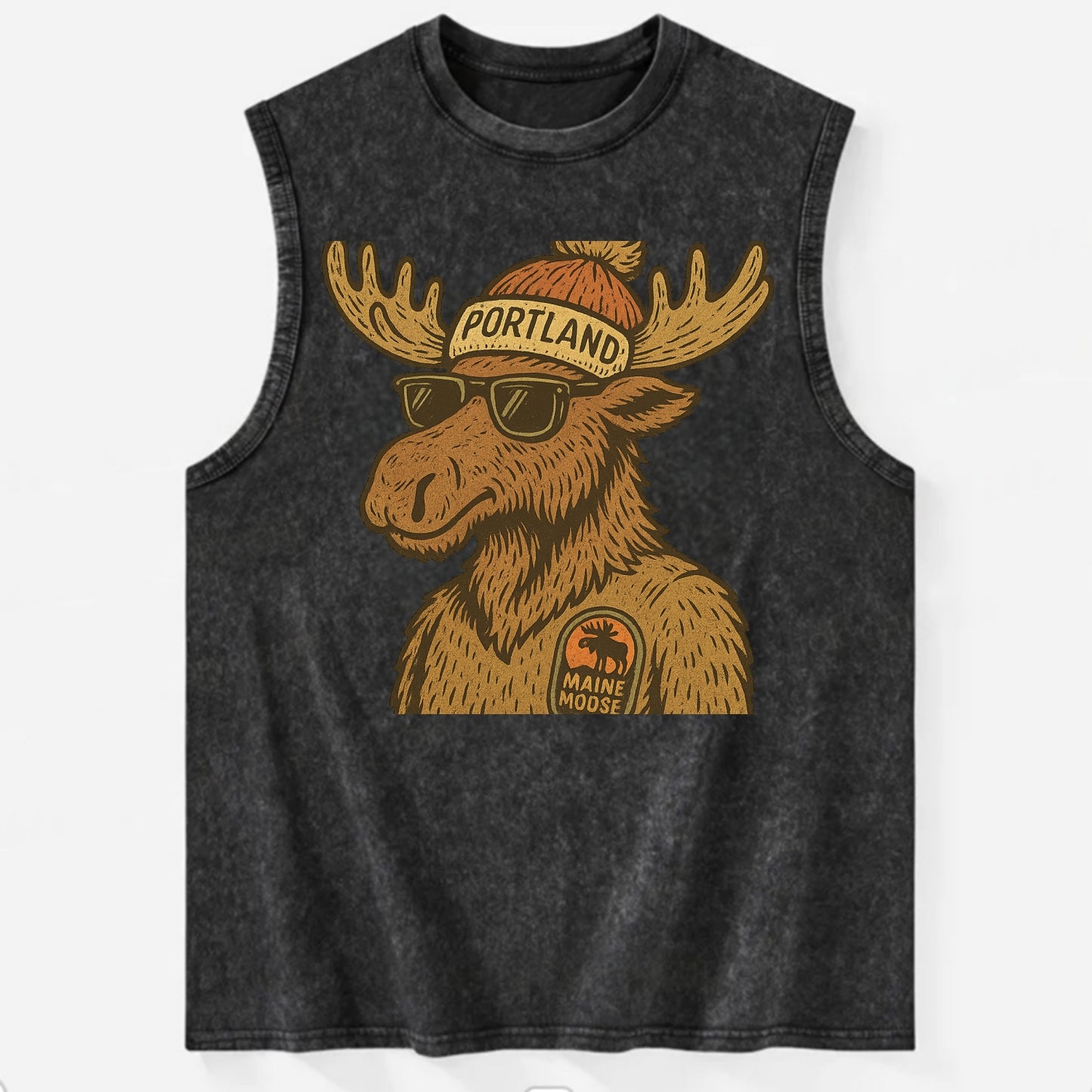 Maine Moose wearing Portland beanie with pom pom and wayfarer sunglasses - Vintage Washed Tank - Black
