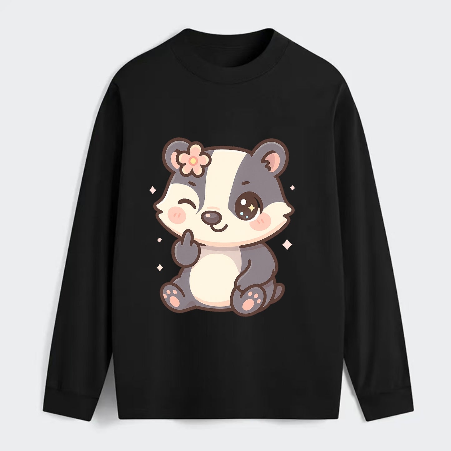 adorable badger with black and white stripes, one paw giving finger - Classic Long Sleeve Shirt - Black
