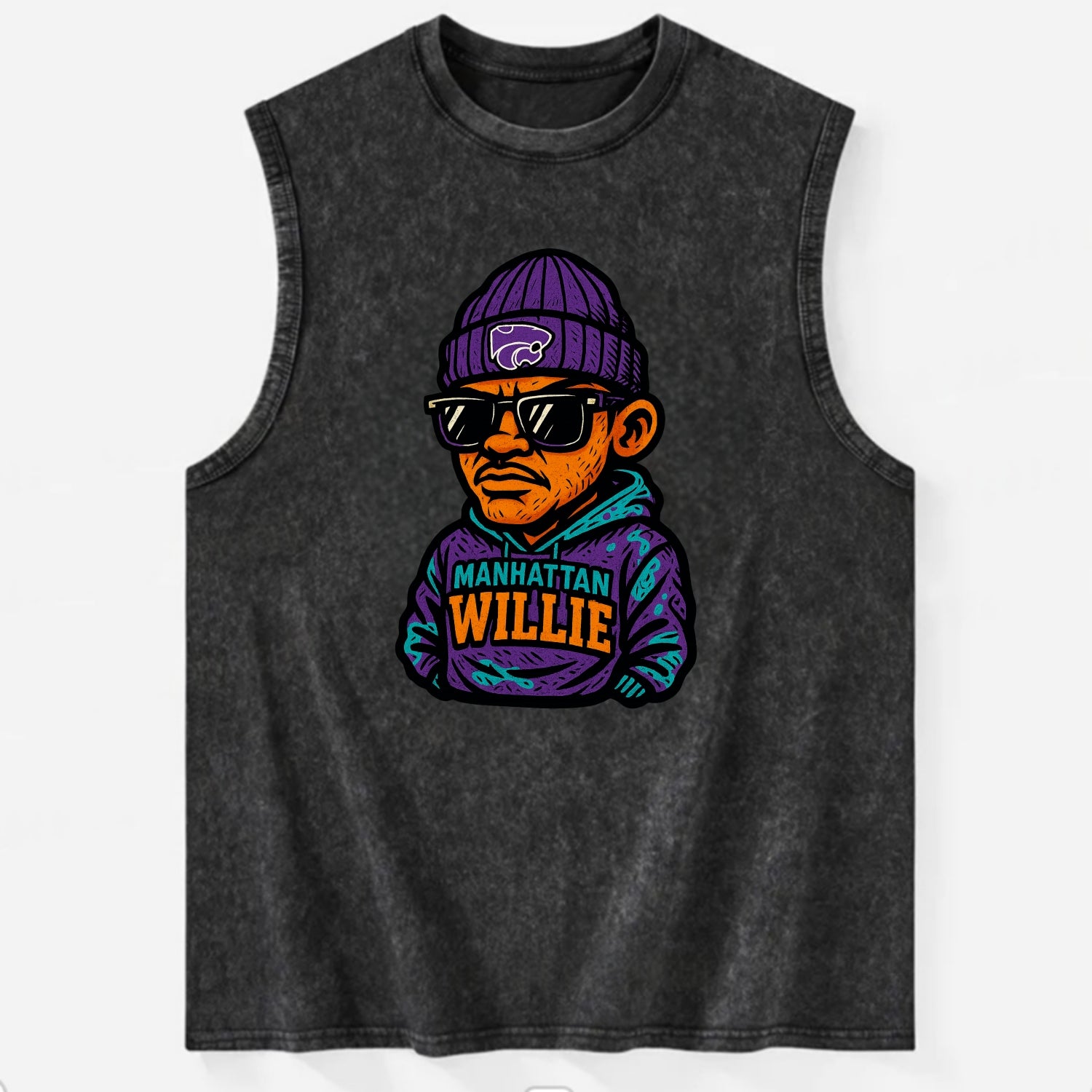 Manhattan Willie wearing Kansas State beanie with powercat patch - Vintage Washed Tank - Black