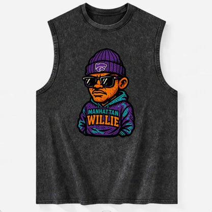 Manhattan Willie wearing Kansas State beanie with powercat patch - Vintage Washed Tank - Black