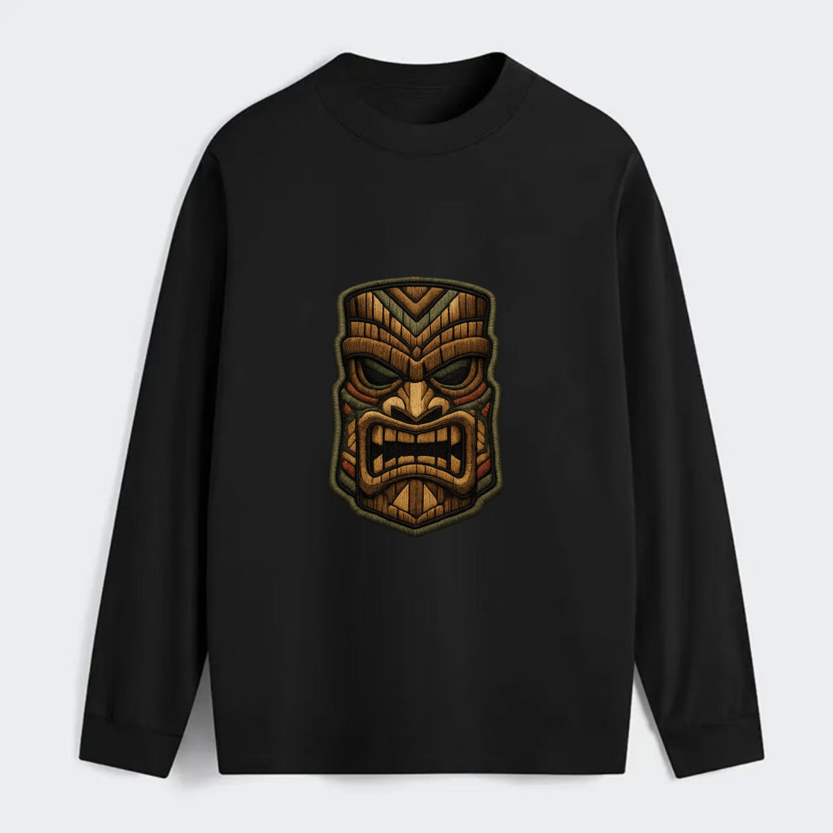 TIKI MASK - carved totem in brown and red , Polynesian - Classic Long Sleeve Shirt - Black