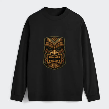 TIKI MASK - carved totem in brown and red , Polynesian - Classic Long Sleeve Shirt - Black