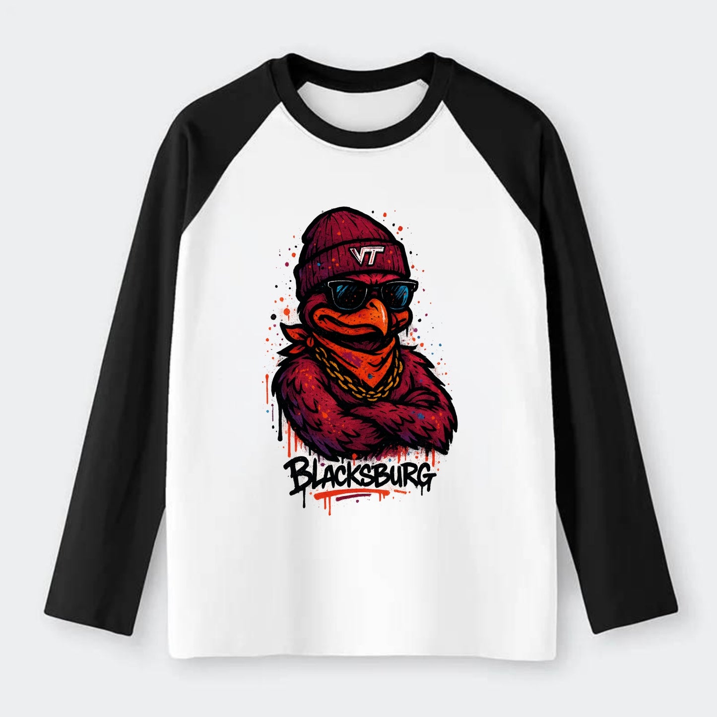 Blacksburg HokieBird wearing Virginia Tech beanie with VT patch - Raglan Long Sleeve T-Shirt - Black