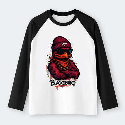 Blacksburg HokieBird wearing Virginia Tech beanie with VT patch - Raglan Long Sleeve T-Shirt - Black