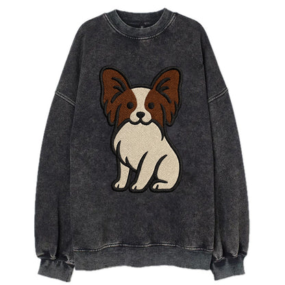 Papillon - White with brown ears sitting Vintage Sweatshirt - Black