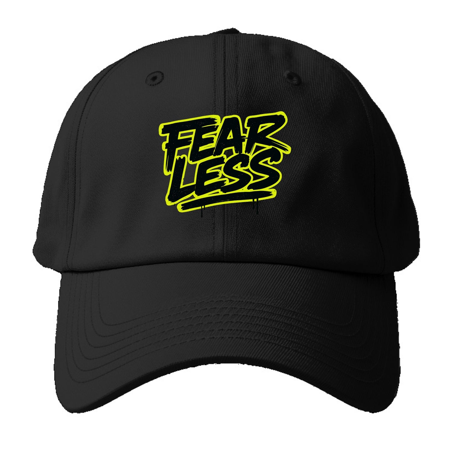 Bold typography design - "FEARLESS" - courage, bravery, facing challenges head on - Baseball Cap - Black