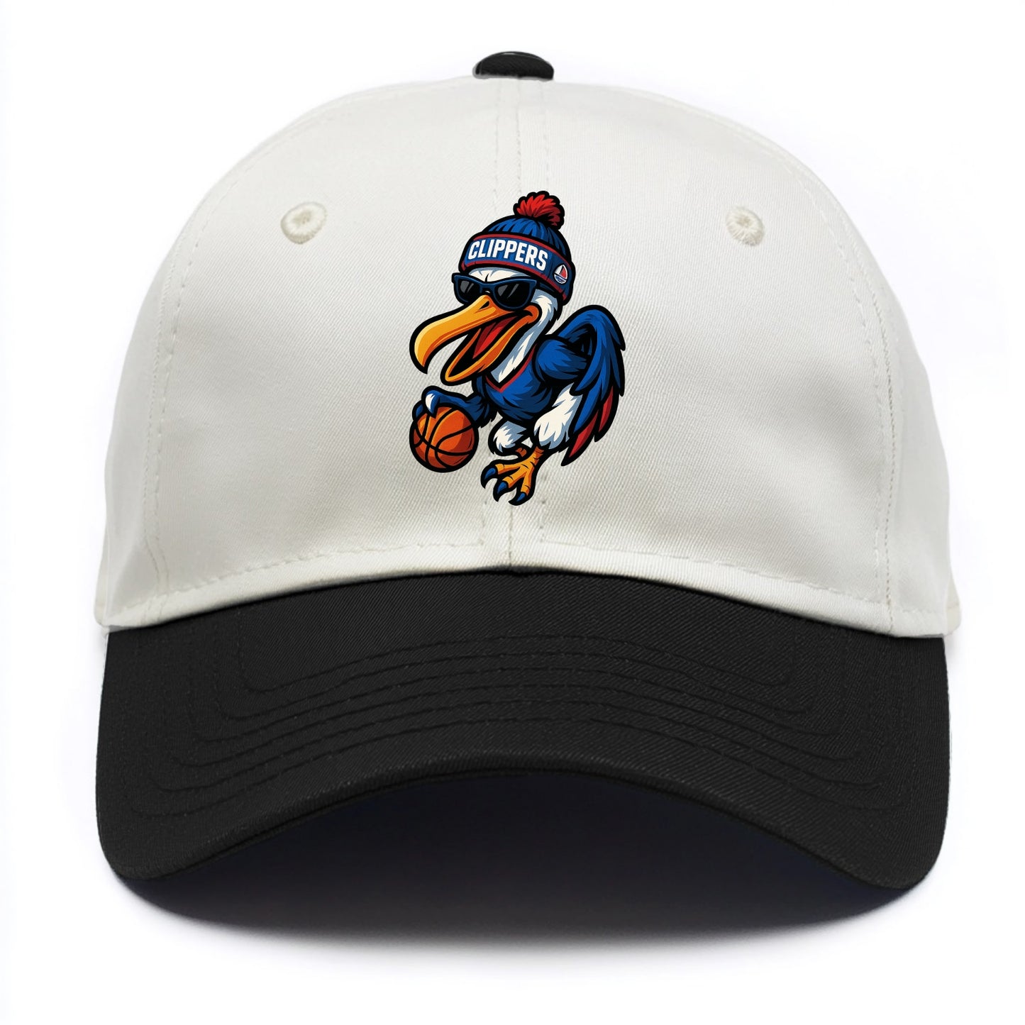 Los Angeles Pelican wearing Clippers beanie with sailboat patch and wayfarer - Two Tone Cap - Black