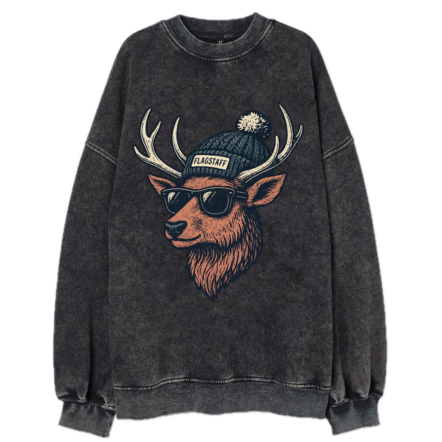 Flagstaff Elk wearing Flagstaff beanie with pom pom and wayfarer sunglasses - Vintage Sweatshirt - Black