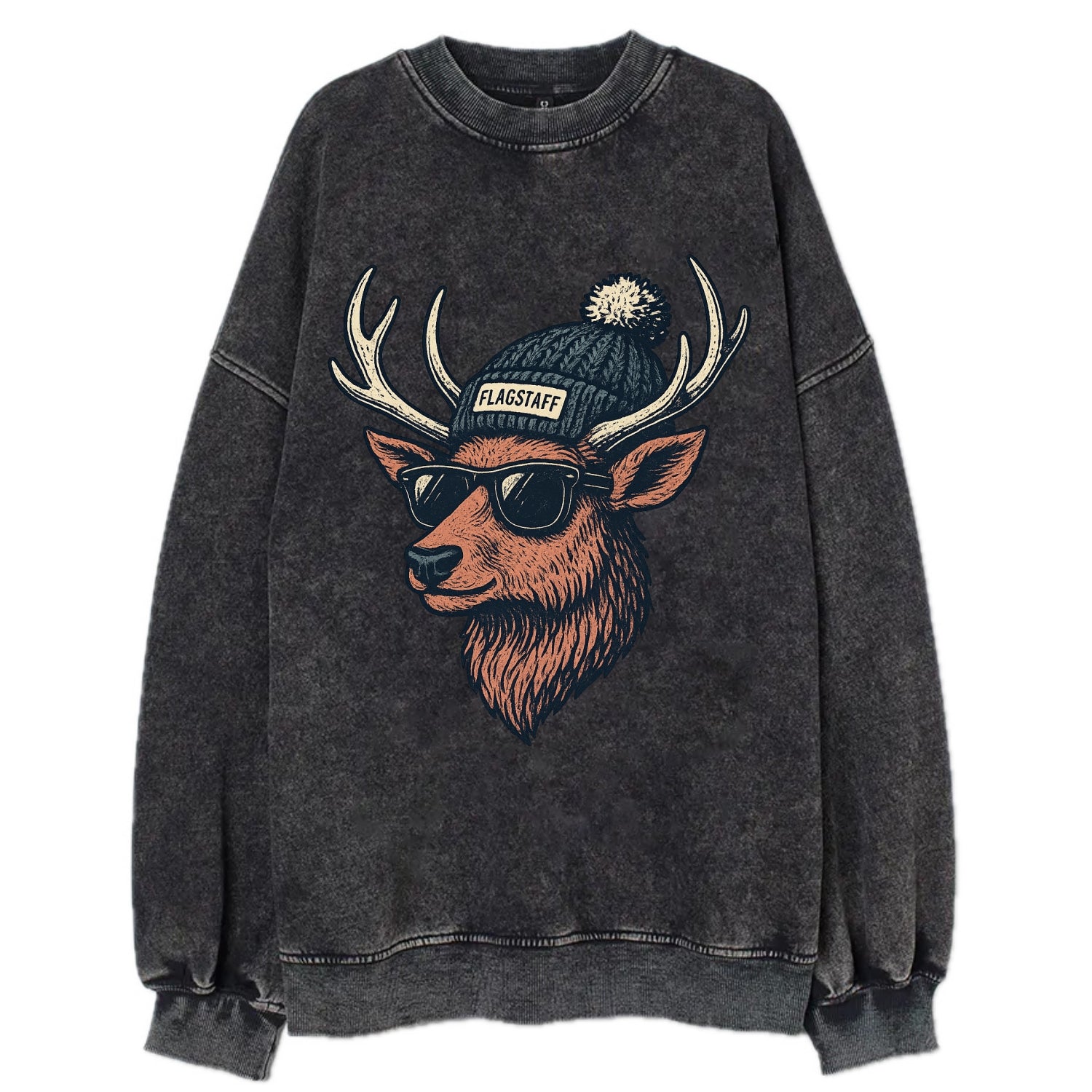 Flagstaff Elk wearing Flagstaff beanie with pom pom and wayfarer sunglasses - Vintage Sweatshirt - Black