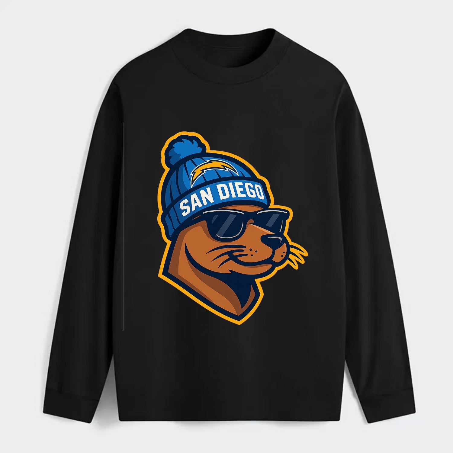 San Diego Sea Lion wearing Chargers beanie with bolt patch and wayfarer - Classic Long Sleeve Shirt - Black
