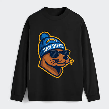 San Diego Sea Lion wearing Chargers beanie with bolt patch and wayfarer - Classic Long Sleeve Shirt - Black