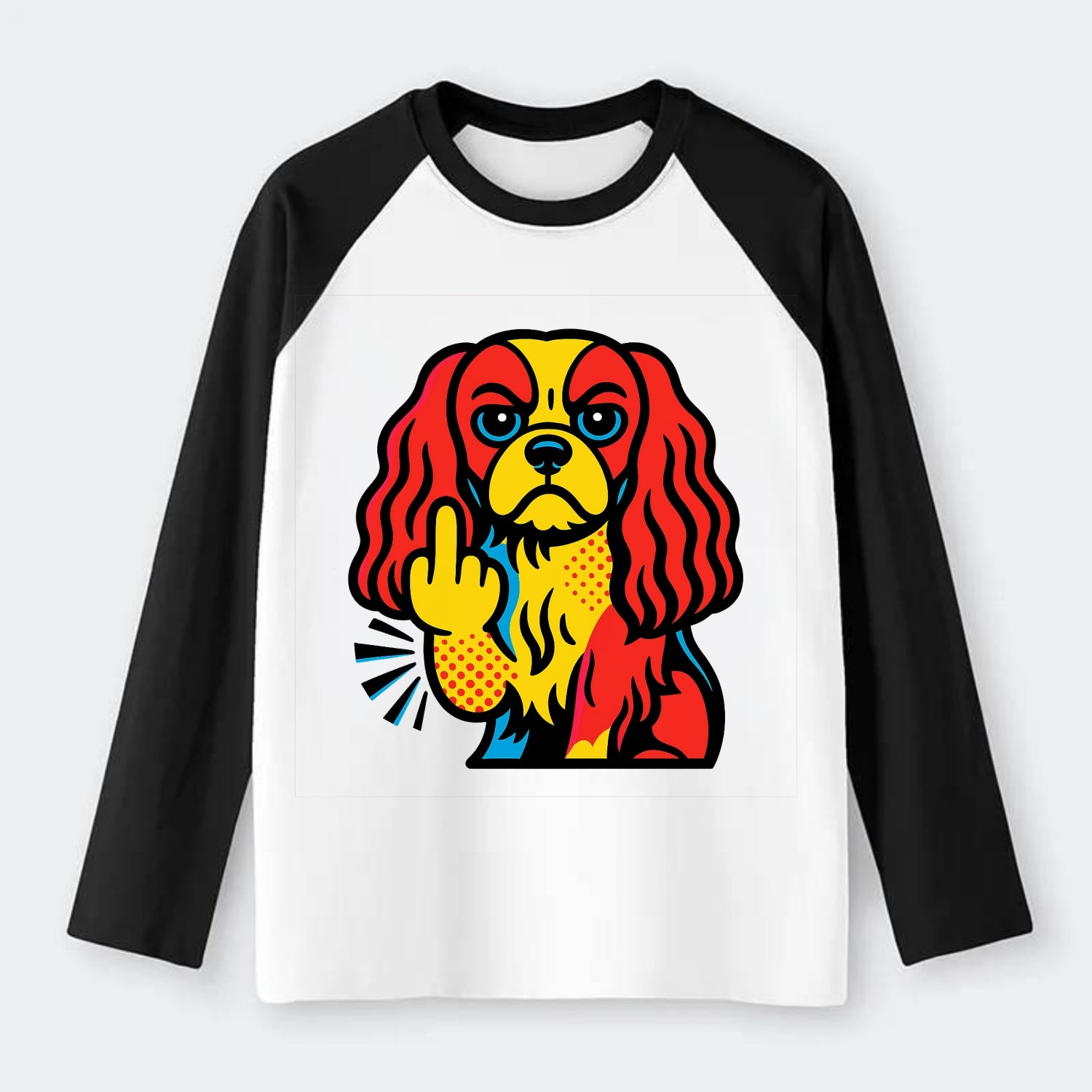 Cavalier King Charles Spaniel with long ears, regal paw giving finger - Raglan Long Sleeve T-Shirt - Black