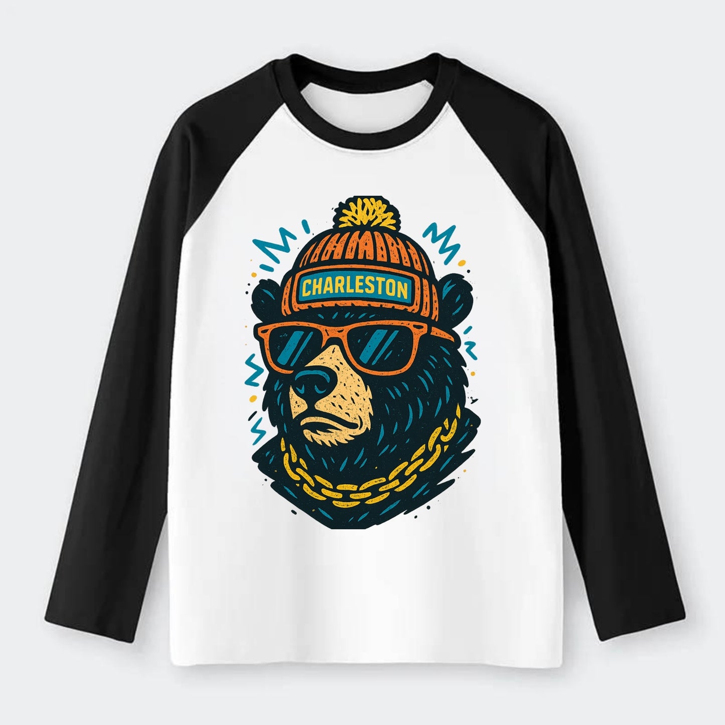 West Virginia Black Bear wearing Charleston beanie with pom pom and - Raglan Long Sleeve T-Shirt - Black