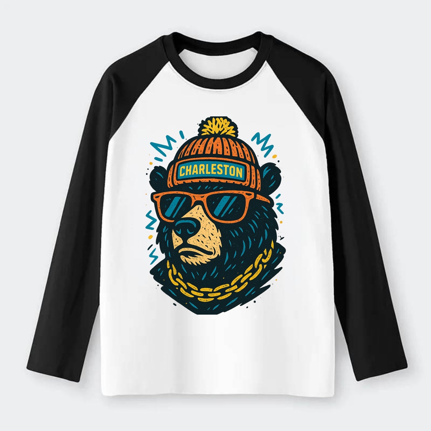 West Virginia Black Bear wearing Charleston beanie with pom pom and - Raglan Long Sleeve T-Shirt - Black
