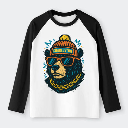West Virginia Black Bear wearing Charleston beanie with pom pom and - Raglan Long Sleeve T-Shirt - Black