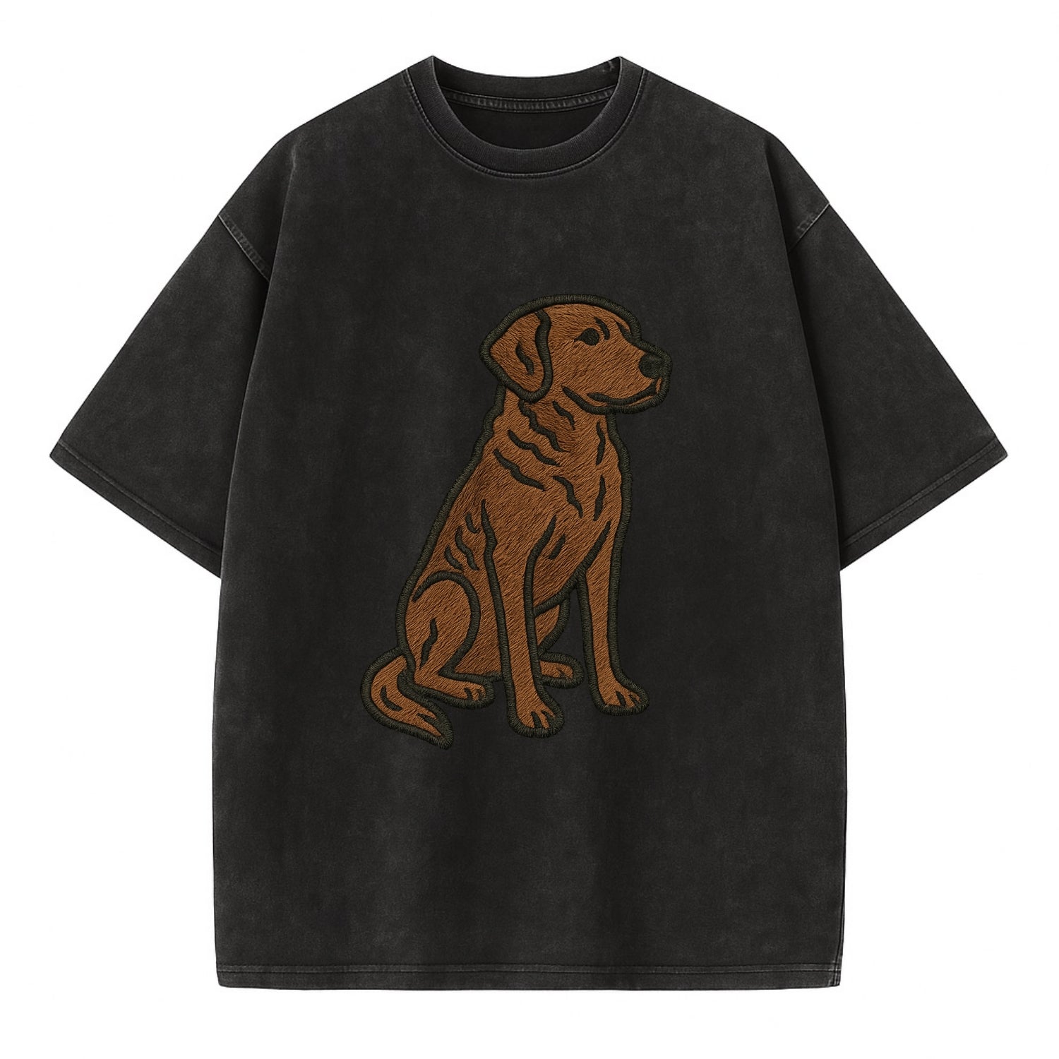 Chesapeake Bay Retriever - Brown wavy coat embroidered sitting pose - Vintage T-shirt - Black