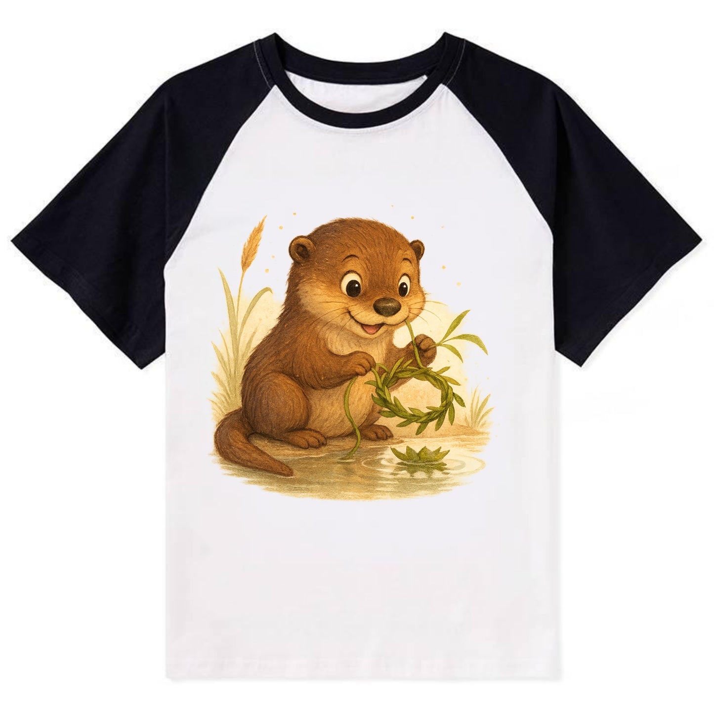 Otter weaving river reeds into a floating crown beside mirror-still water - Contrast Raglan T-shirt - Black