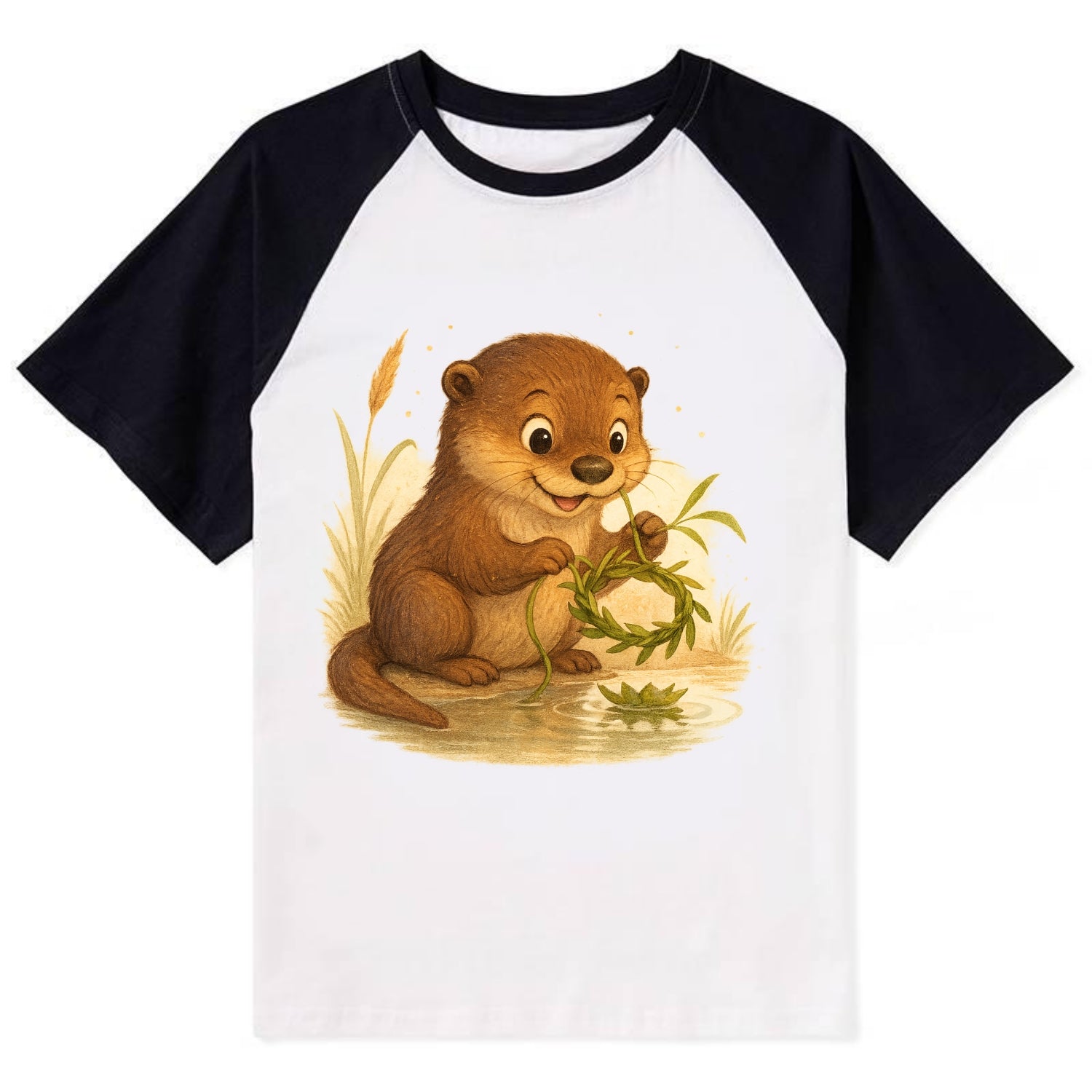 Otter weaving river reeds into a floating crown beside mirror-still water - Contrast Raglan T-shirt - Black