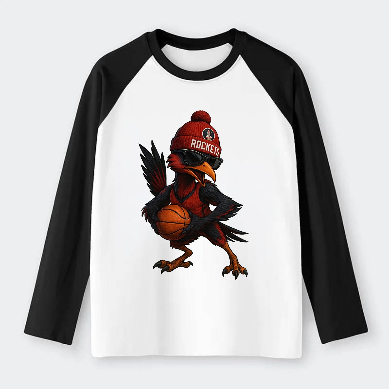 Houston Roadrunner wearing Rockets beanie with launch pad patch and - Raglan Long Sleeve T-Shirt - Black