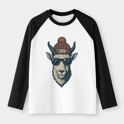 Salt Lake City Mountain Goat wearing SLC beanie with pom pom and - Raglan Long Sleeve T-Shirt - Black