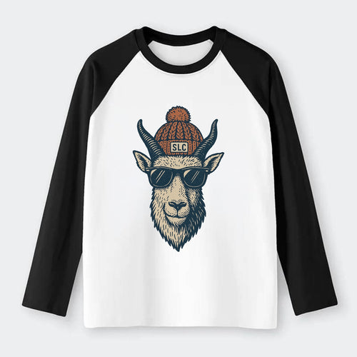 Salt Lake City Mountain Goat wearing SLC beanie with pom pom and - Raglan Long Sleeve T-Shirt