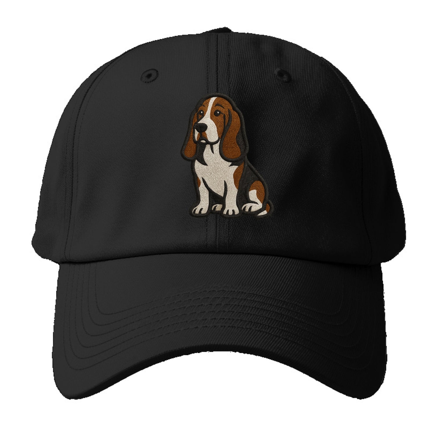 Basset Hound - Tri-color embroidered sit Baseball Cap For Big Heads - Black