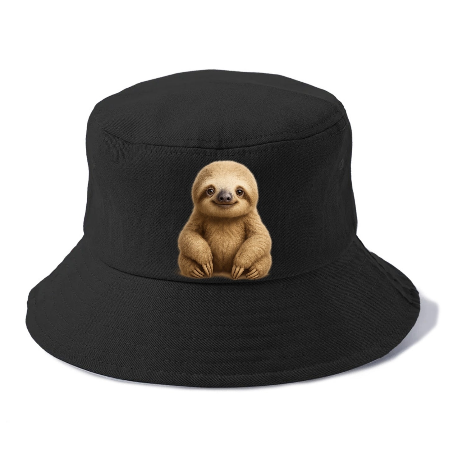Baby Sloth - tan fur, long arms, peaceful smile, gentle eyes, front-facing, zen master - Bucket Hat - Black