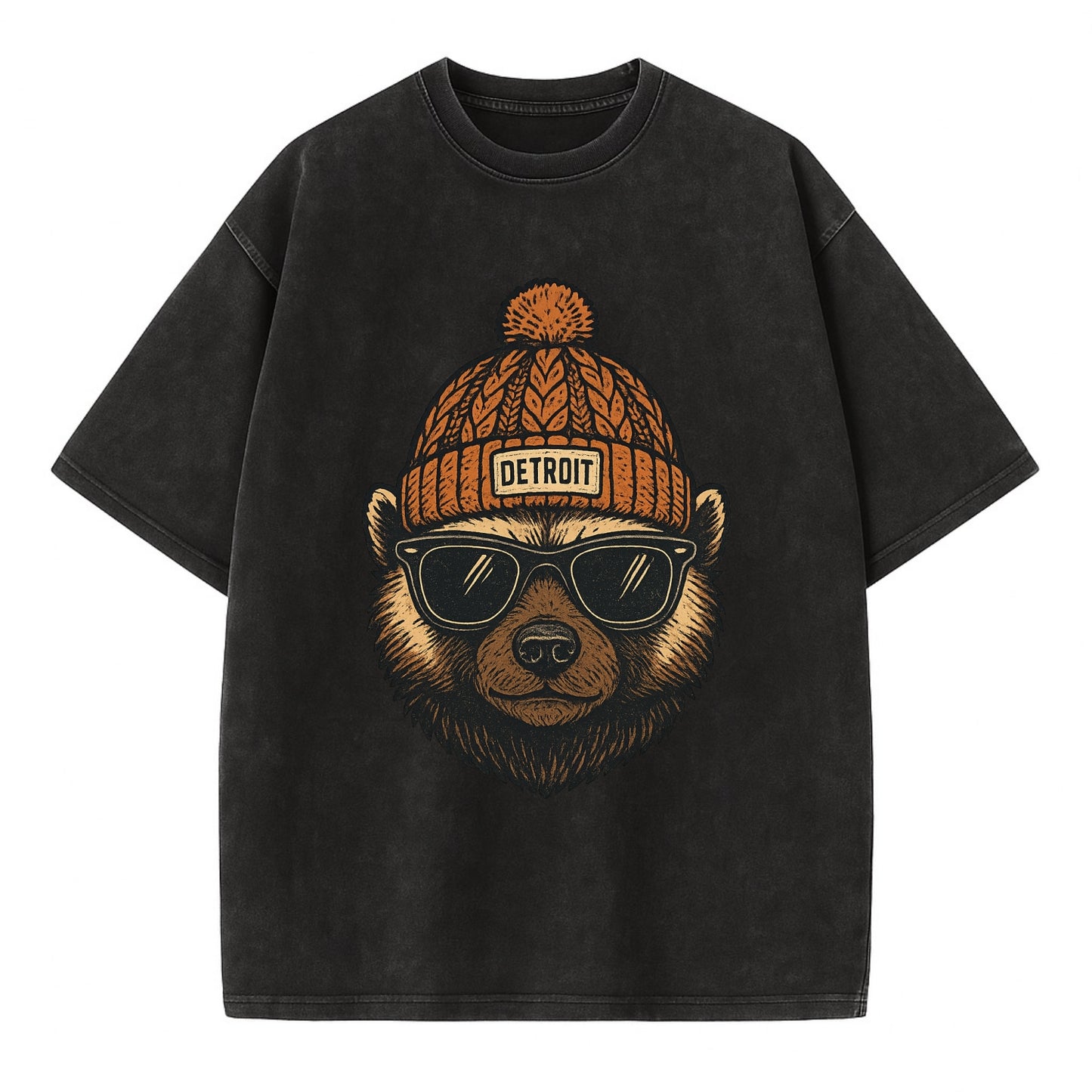 Detroit Wolverine wearing Detroit beanie with pom pom and wayfarer sunglasses - Vintage T-shirt - Black