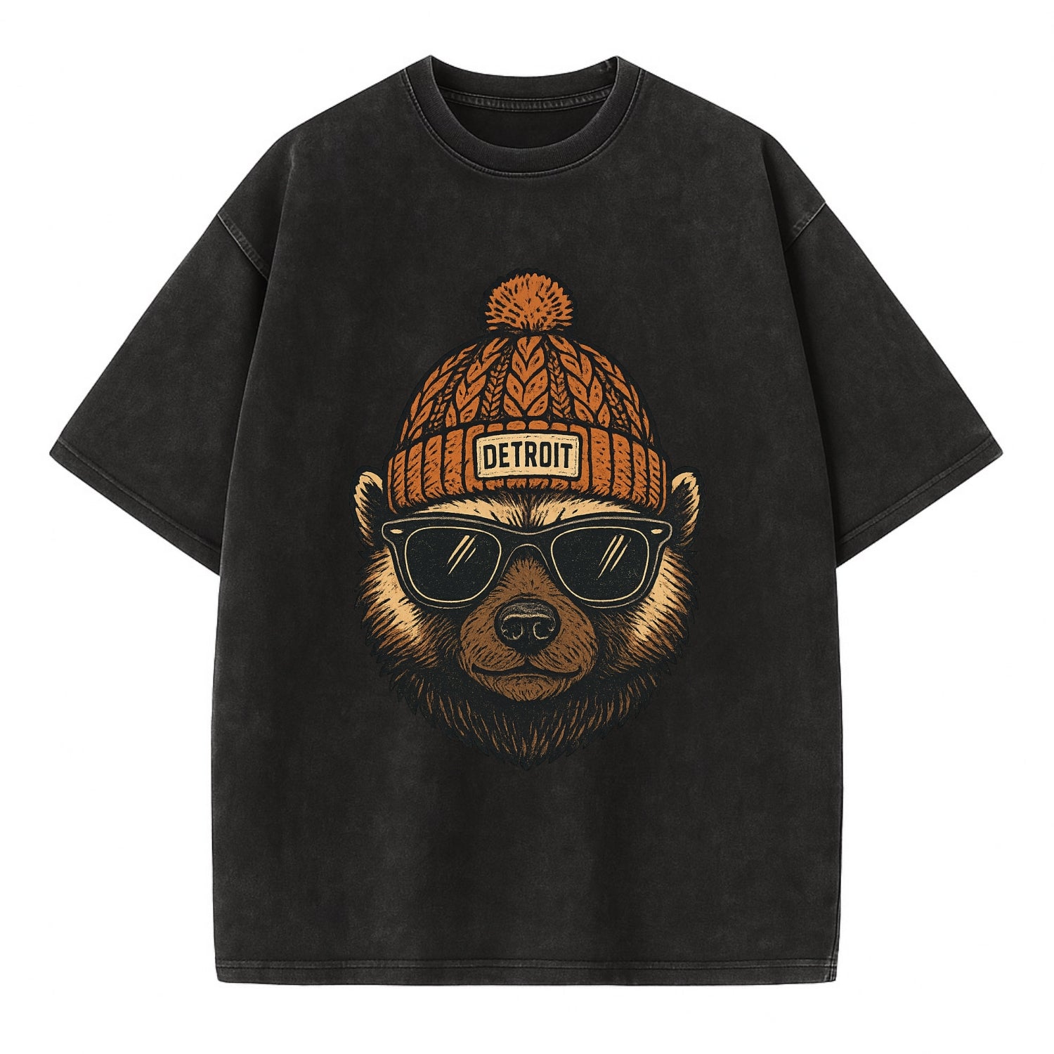 Detroit Wolverine wearing Detroit beanie with pom pom and wayfarer sunglasses - Vintage T-shirt - Black