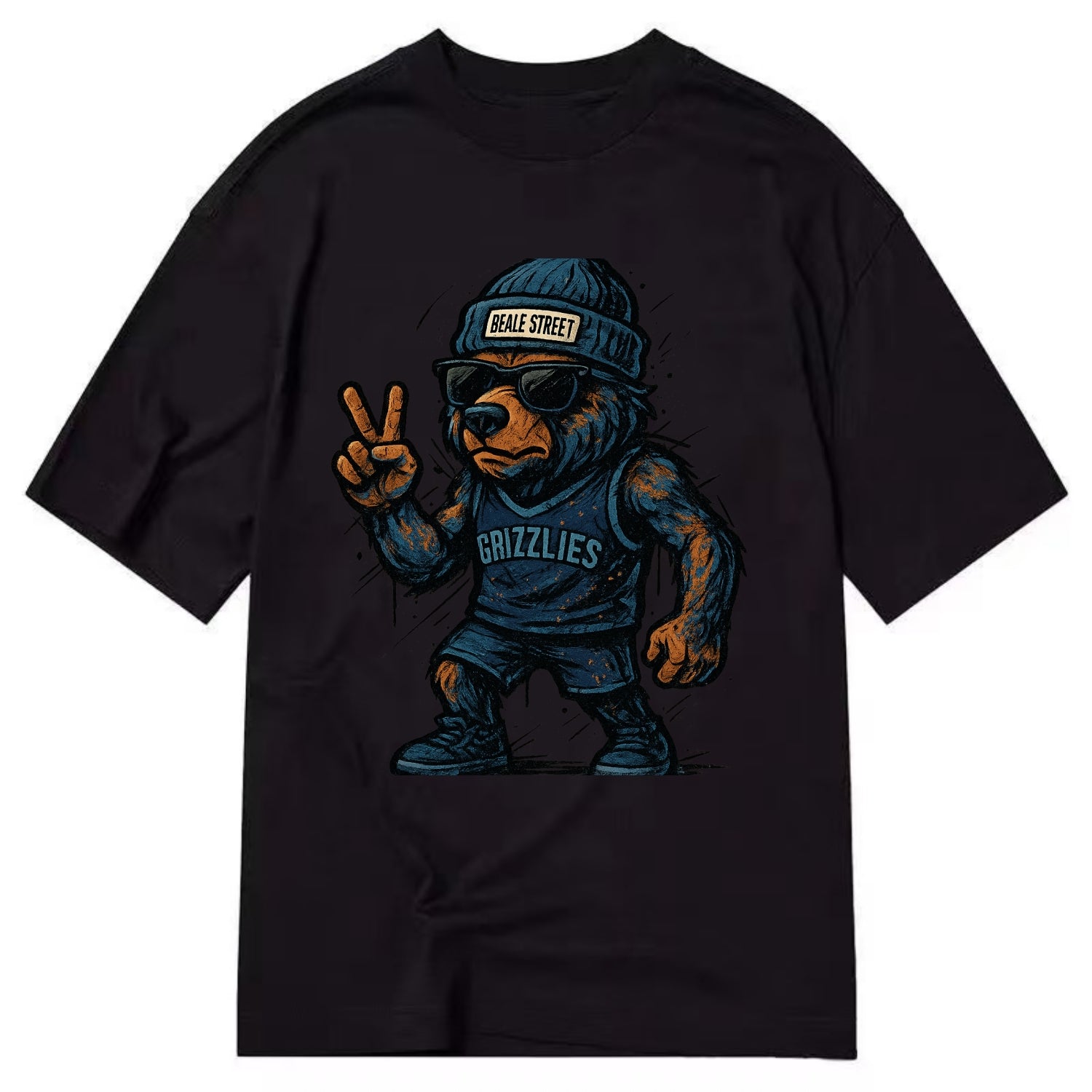 Memphis Grizzly Bear wearing Grizzlies navy and light blue beanie with Beale - Classic T-shirt - Black