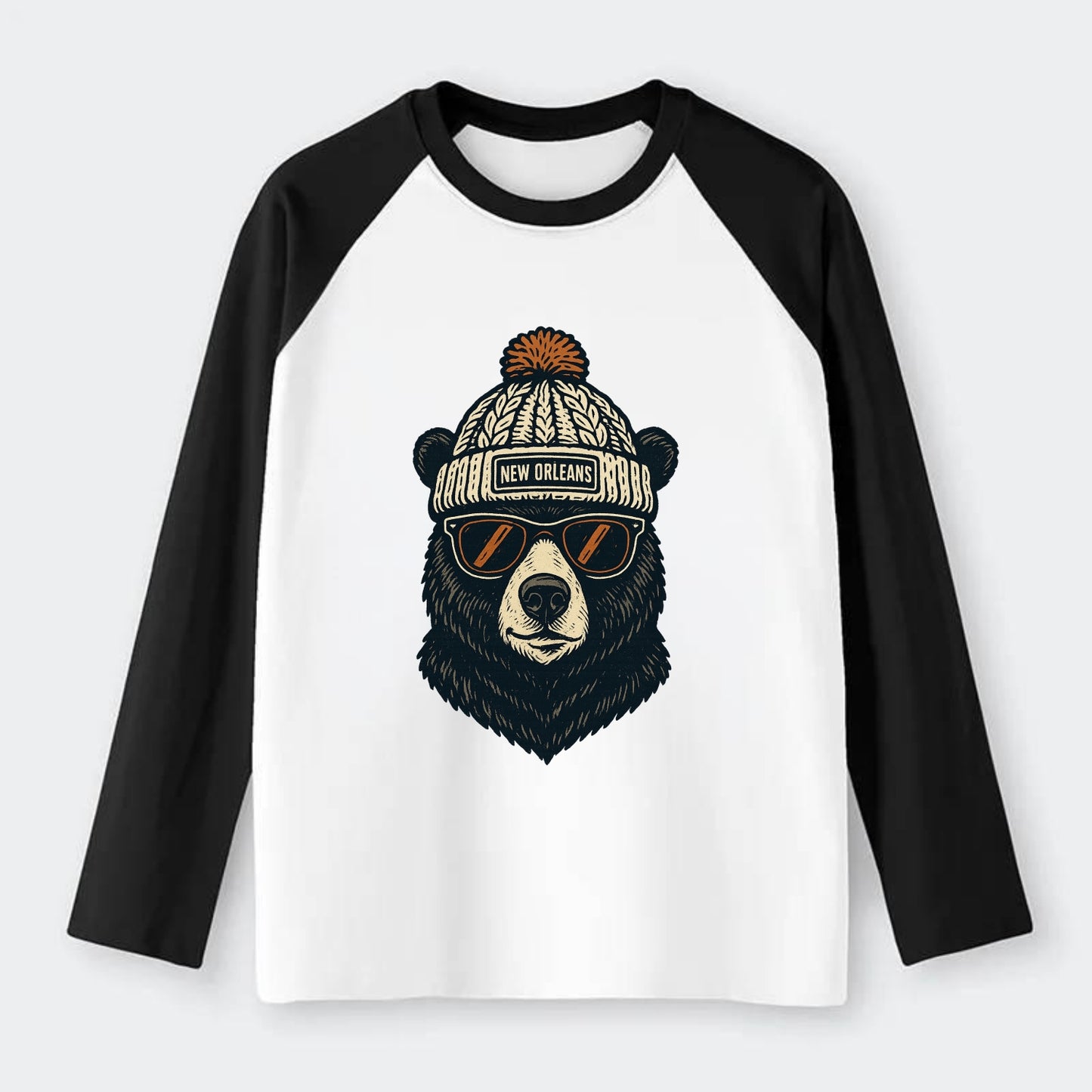 Louisiana Black Bear wearing New Orleans beanie with pom pom and - Raglan Long Sleeve T-Shirt - Black