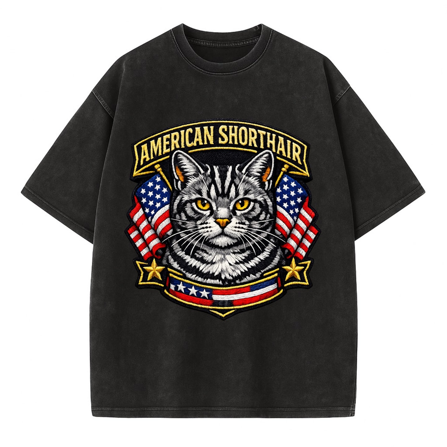 AMERICAN SHORTHAIR - classic american cat in silver tabby , all-American cat - Vintage T-shirt - Black