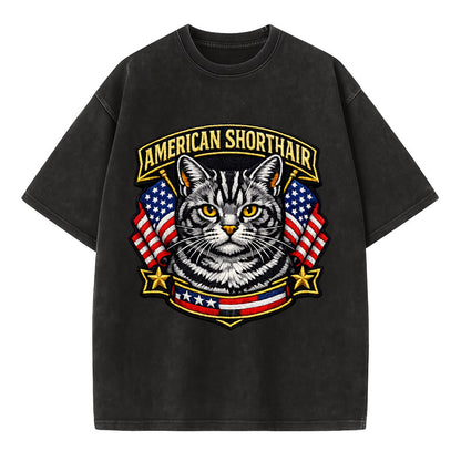 AMERICAN SHORTHAIR - classic american cat in silver tabby , all-American cat - Vintage T-shirt - Black