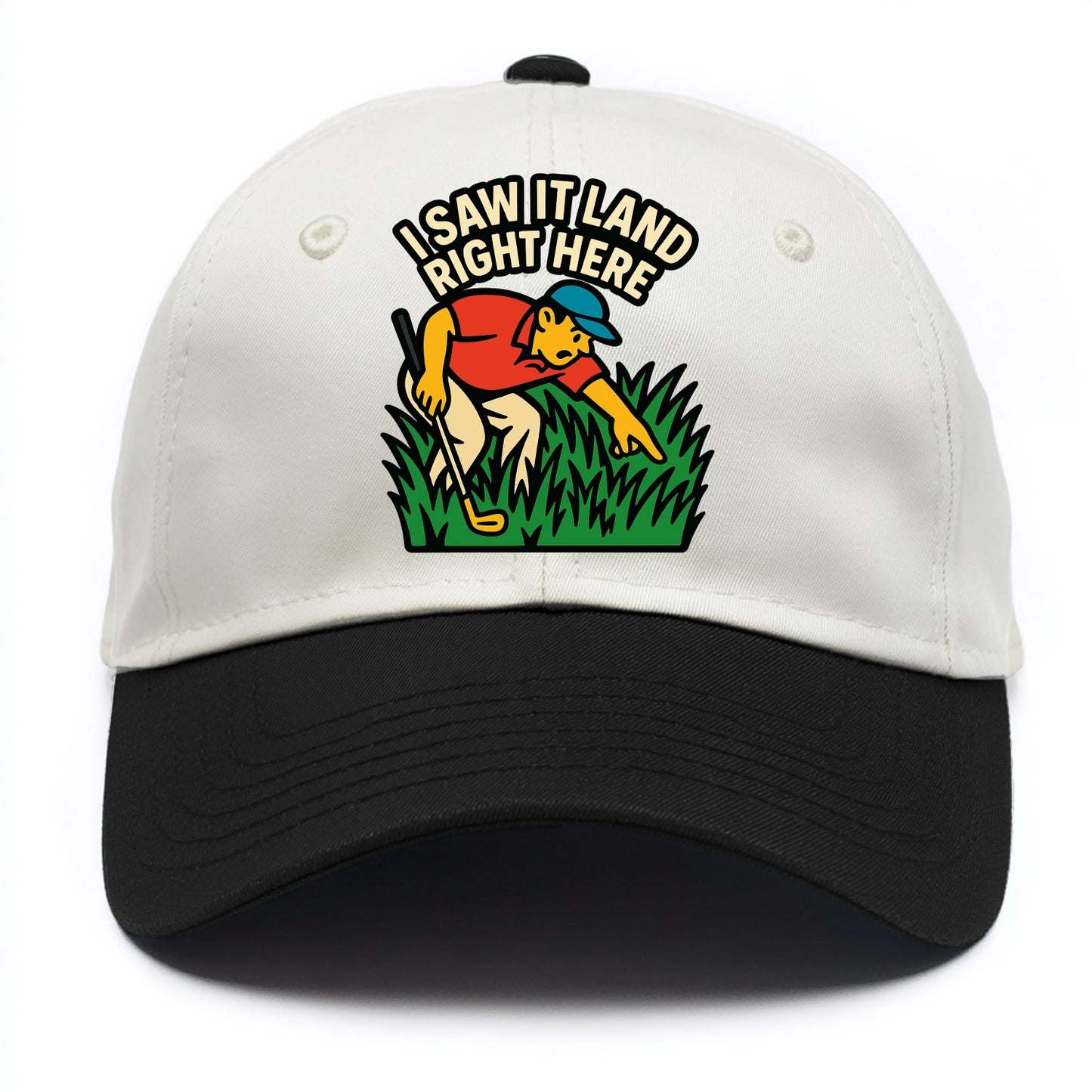 Golfer searching in deep rough - "I Saw It Land Right Here" - lost ball saga - Two Tone Cap - Black