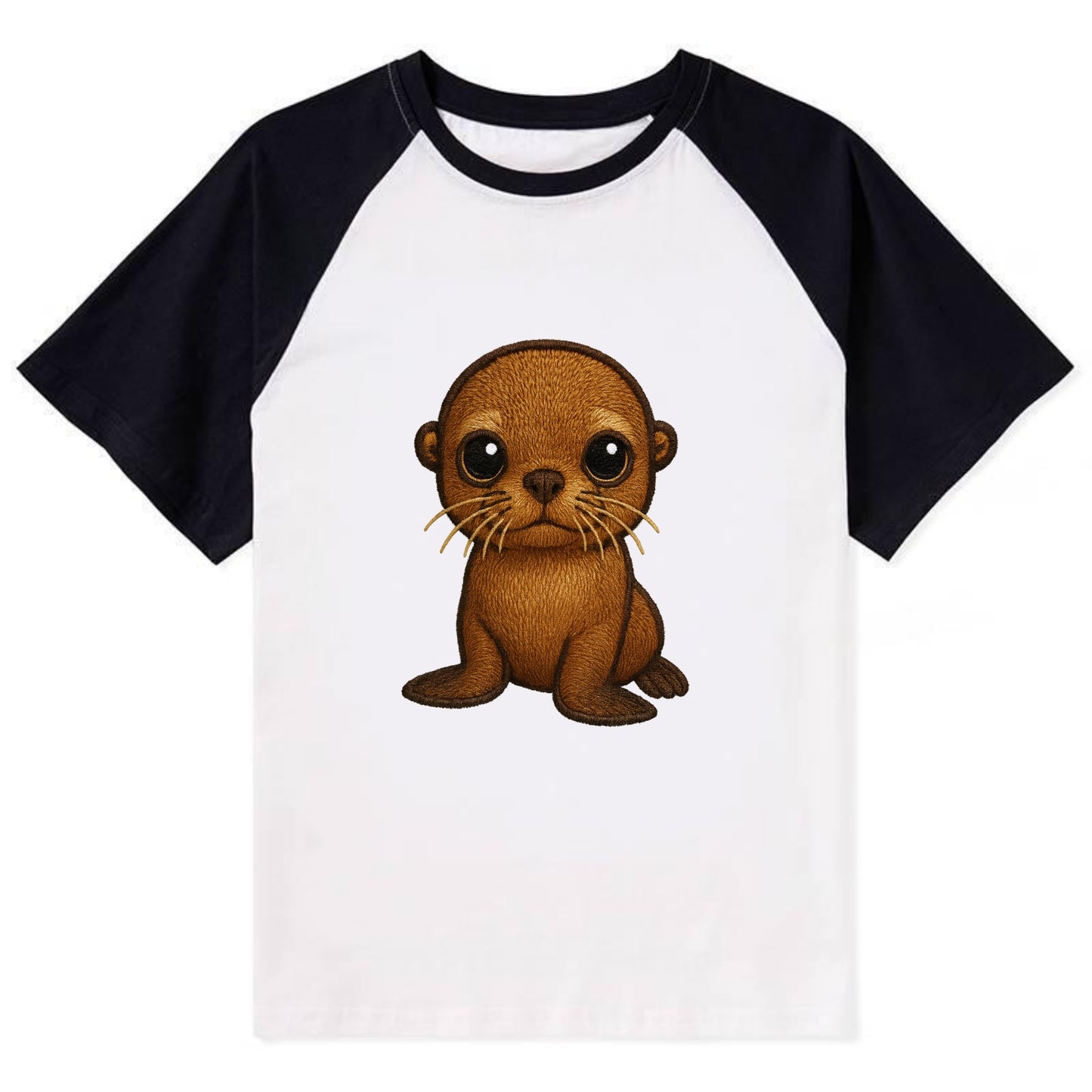 Baby California Sea Lion - golden brown, large expressive eyes, whiskers, - Contrast Raglan T-shirt - Black