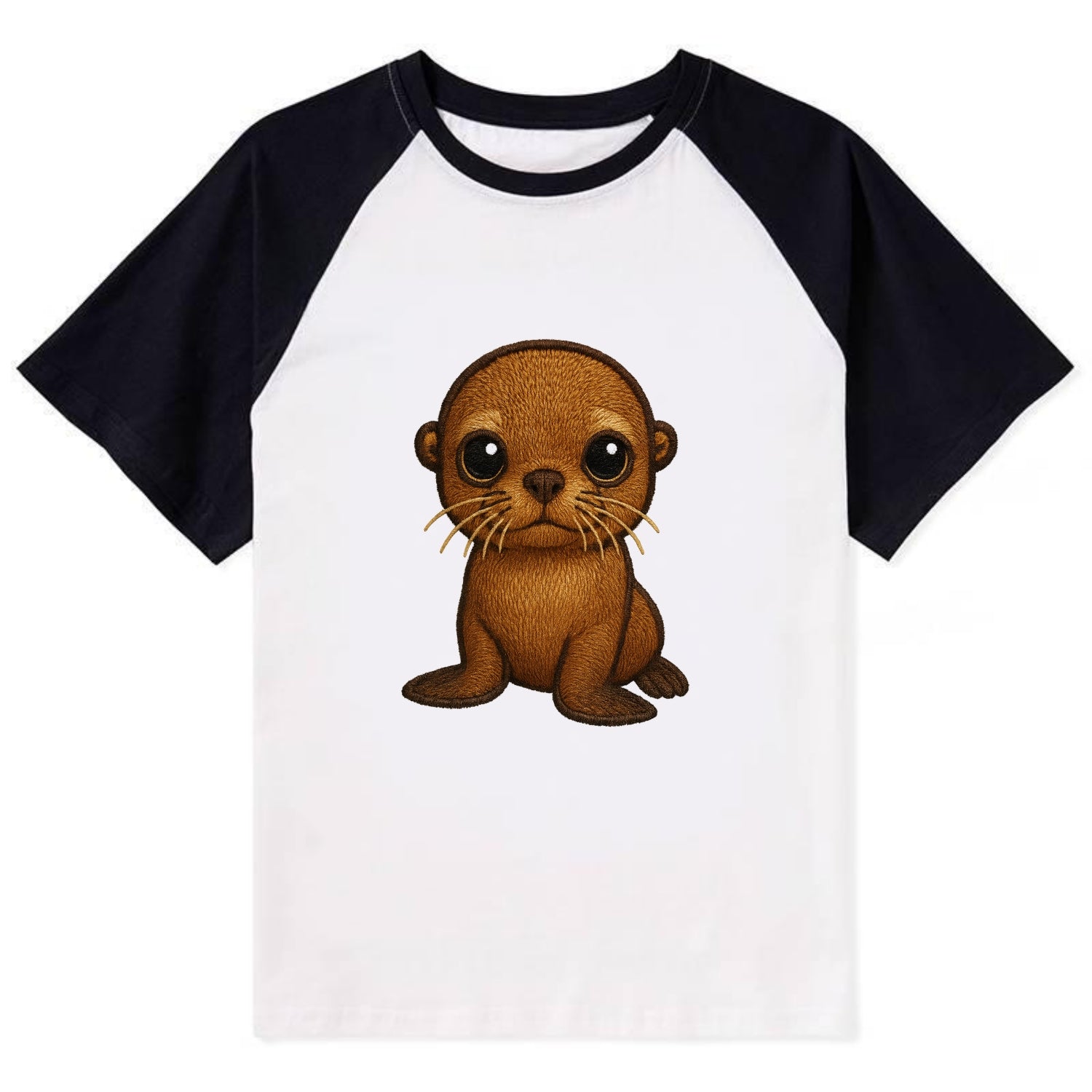 Baby California Sea Lion - golden brown, large expressive eyes, whiskers, - Contrast Raglan T-shirt - Black