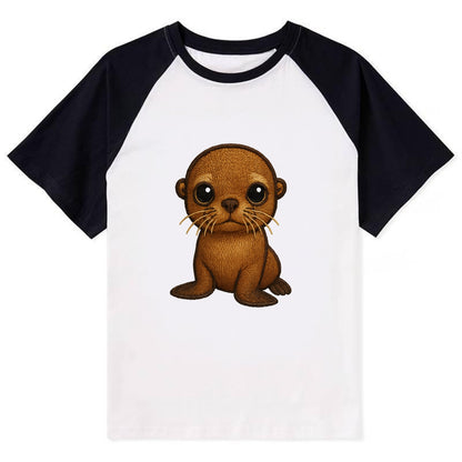 Baby California Sea Lion - golden brown, large expressive eyes, whiskers, - Contrast Raglan T-shirt - Black