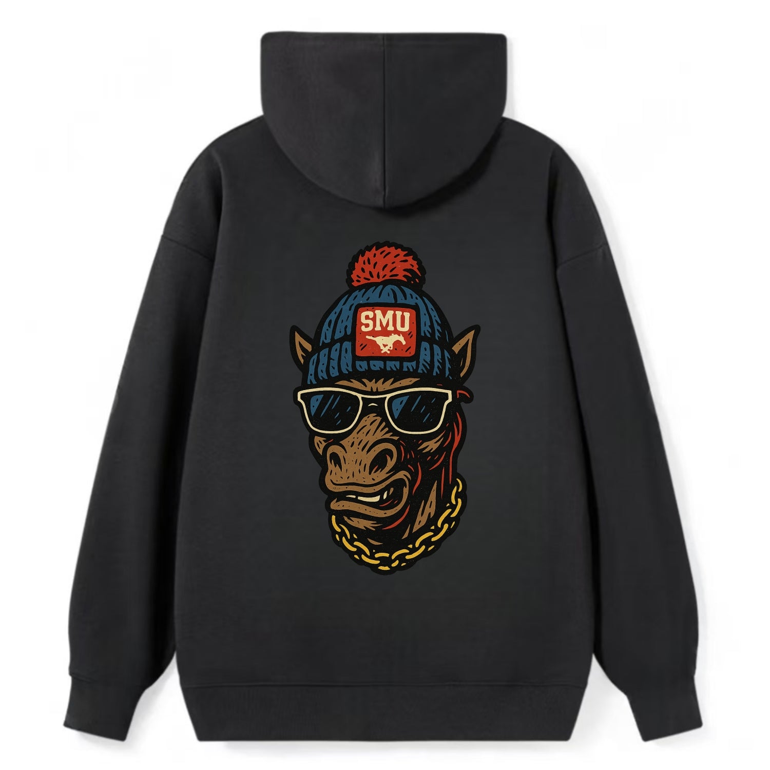 Dallas Mustang wearing SMU beanie with pony patch - Classic Pullover Hoodie - Black