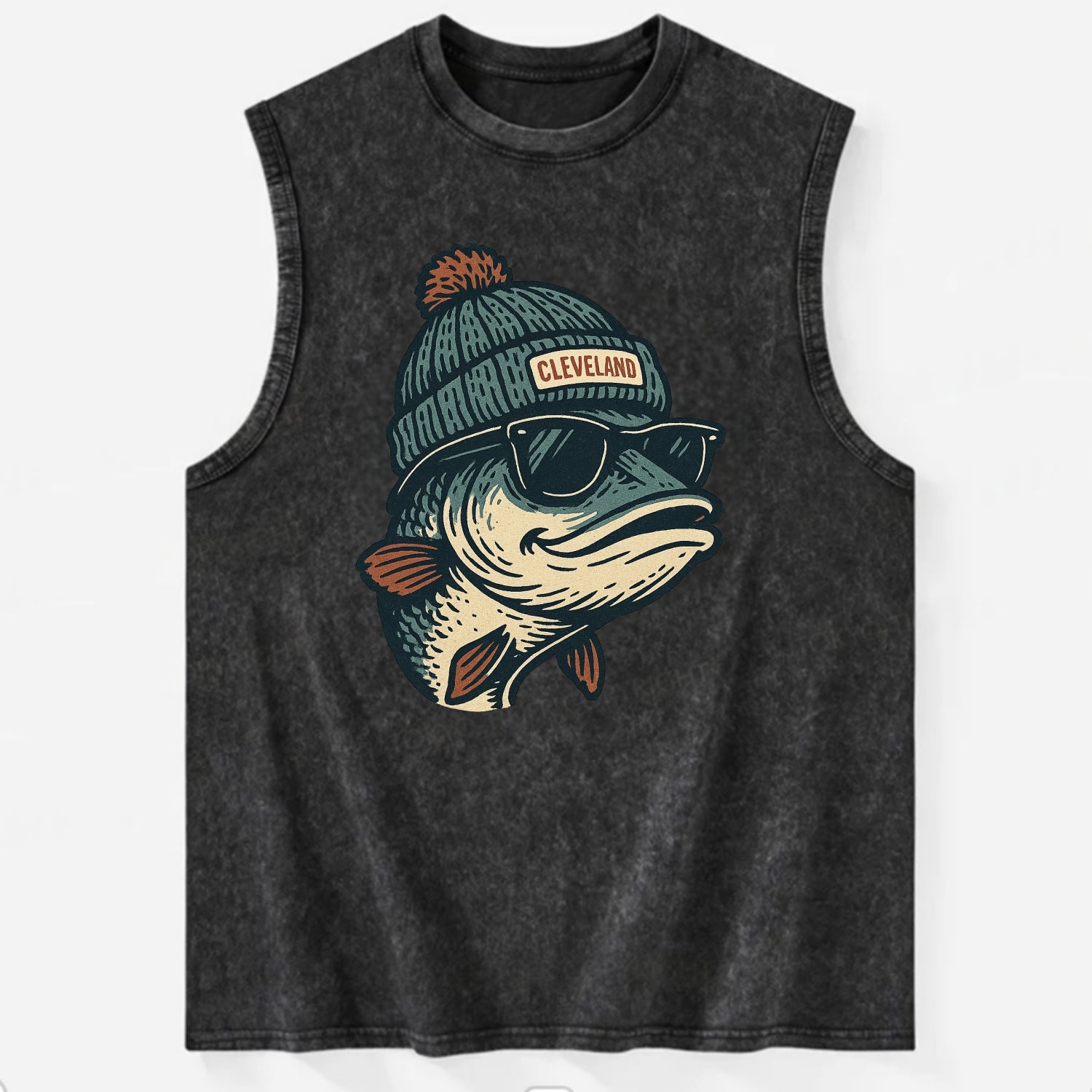 Cleveland Lake Erie Walleye wearing Cleveland beanie with pom pom and - Vintage Washed Tank - Black
